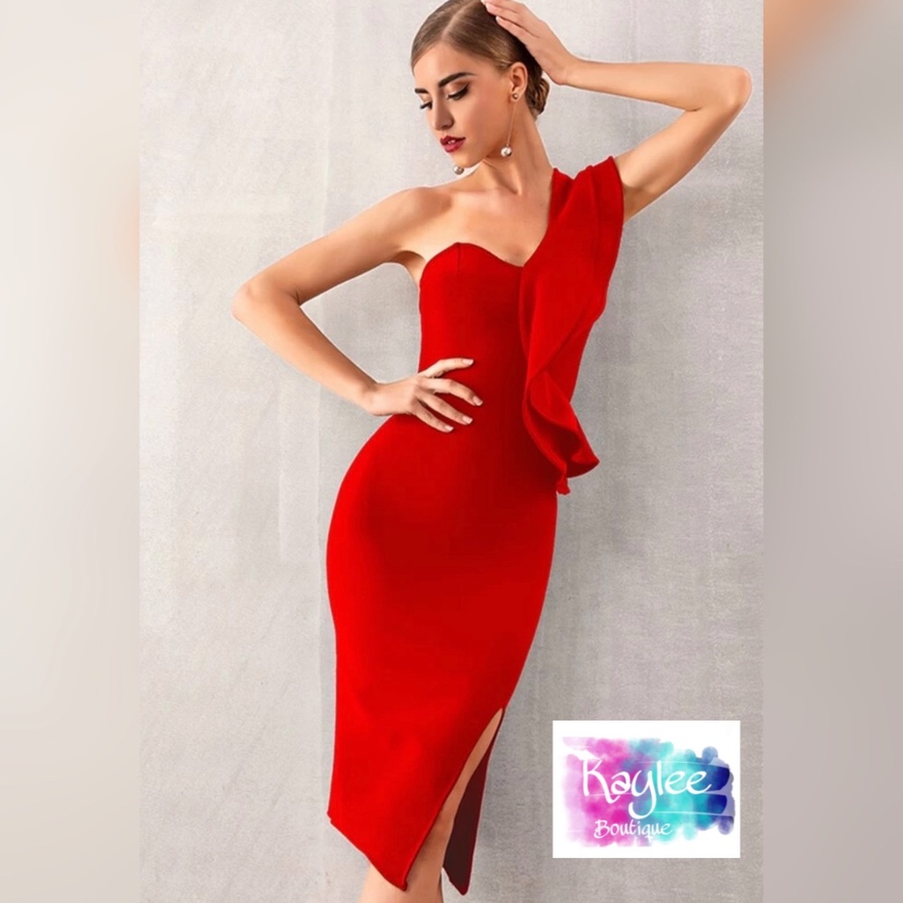 Red Bandage Flounce High Slit Pencil Black Dress